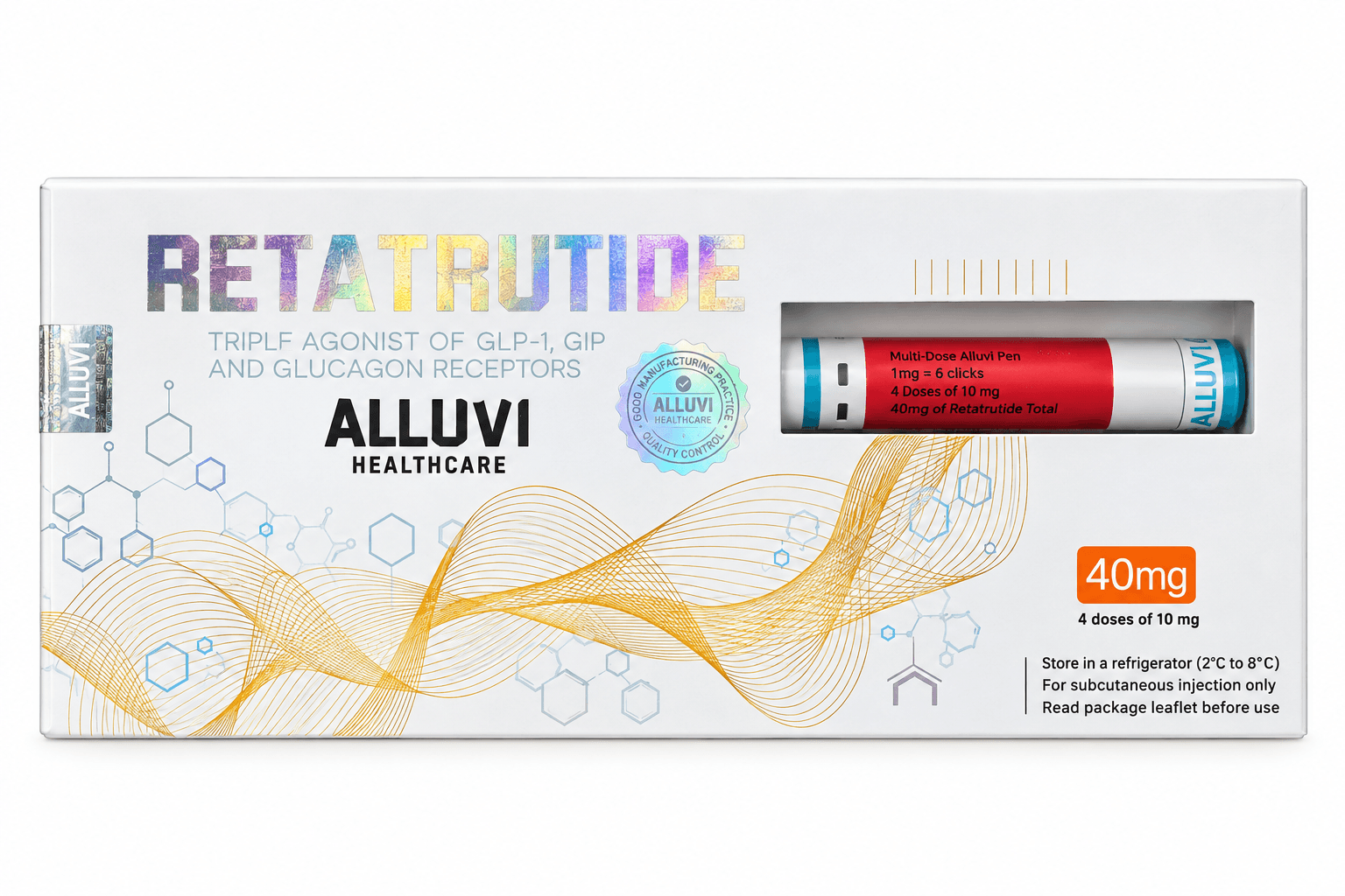 ALLUVI Retatrutide 40 mg pakuotės priekis su bendro kiekio žyma